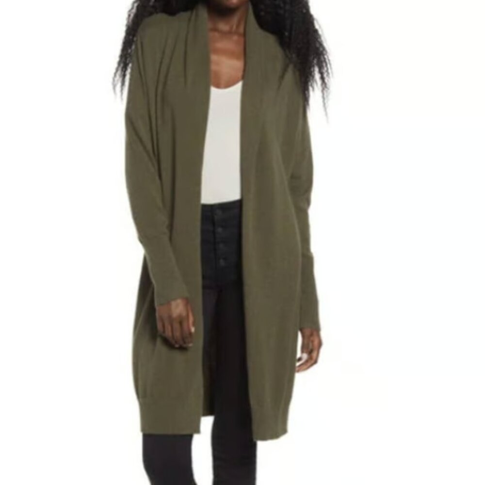 Leith Olive Green Long Cardigan Shawl Collar Open Front Cozy Duster Small